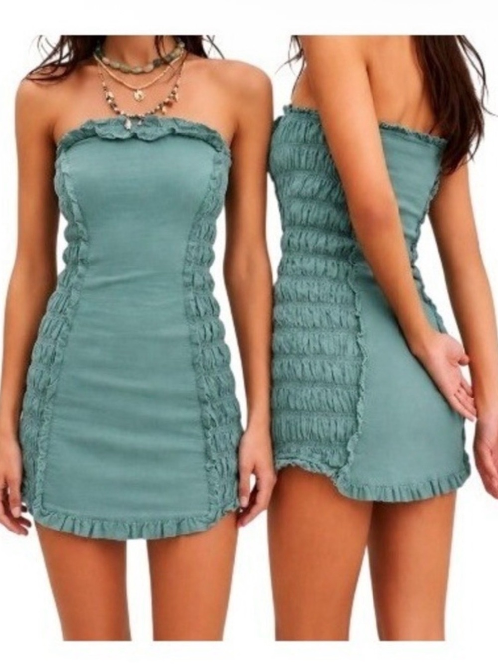 Free People Teal Strapless Ruffle Bodycon Mini Dress